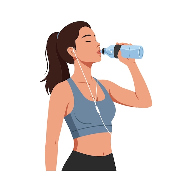 woman drinking water while listening to music in flat vector art