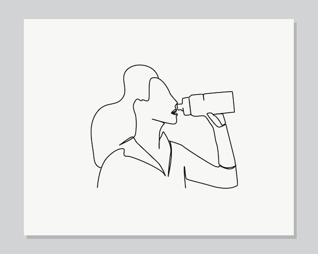 Woman drinking water while working out continuous one line illustration