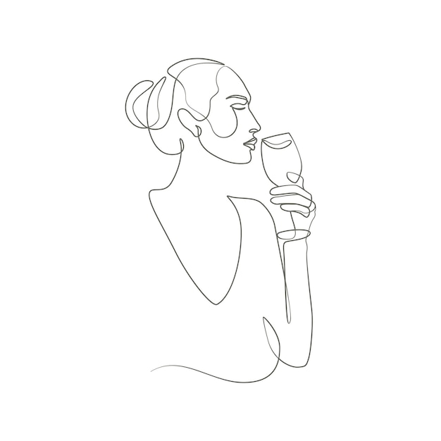 Woman drinking wine one line art drawing