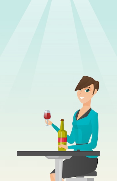 Vector woman drinking wine in the restaurant.