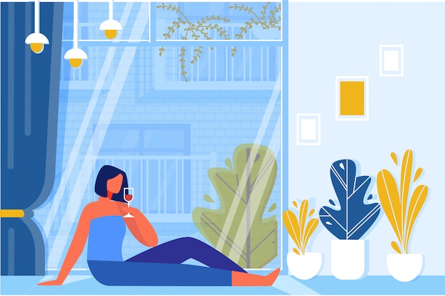 Vector woman drinking wine sitting on floor near window.