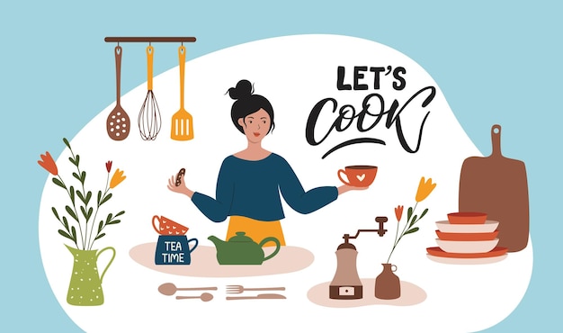 A woman drinks coffee or tea in a cozy kitchen Kitchen utensils Concept for banner website apps