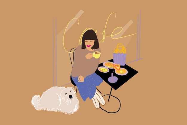 Vettore la donna beve il caffè mentre si siede con il suo cane all'illustrazione di vettore della terrazza del caffè