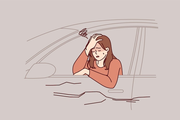 woman driver was in car accident crying sitting behind wheel in broken car due to hangover
