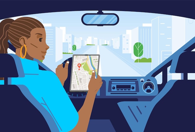 Vector woman driving a car on the city road dashboard interior view seen map on tablet