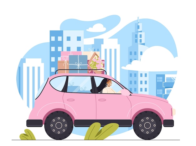 Woman driving car with gifts vector concept