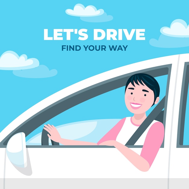 a woman driving a car with a sign that says let's drive.