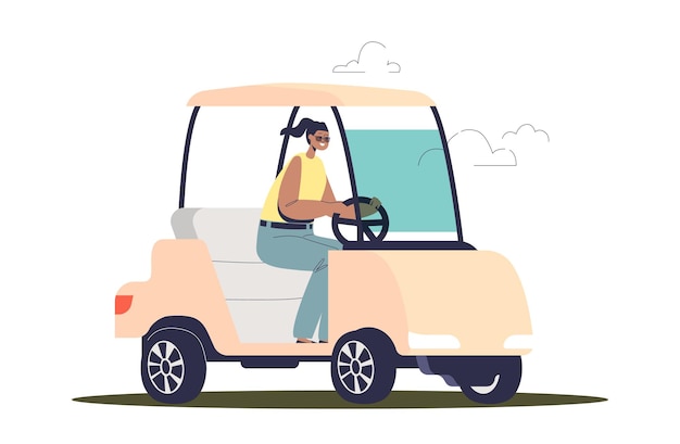 woman driving electric golf car. female player of golf sport game in vehicle. outdoor activity