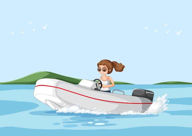 A woman driving speedboat in the river scene