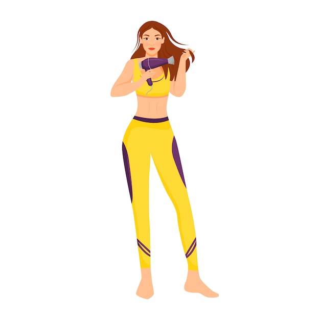 Vector woman drying wet hair flat color vector faceless character.