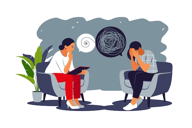 Vector woman during a mental therapy session with a psychotherapist or psychologist two women are sitting and talking mental health concept vector illustration