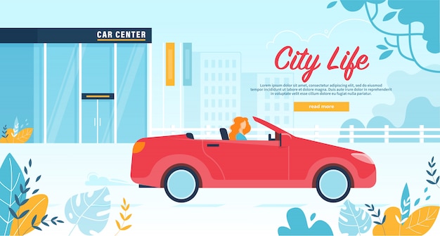 Vector woman dweller leave car service on red cabriolet banner