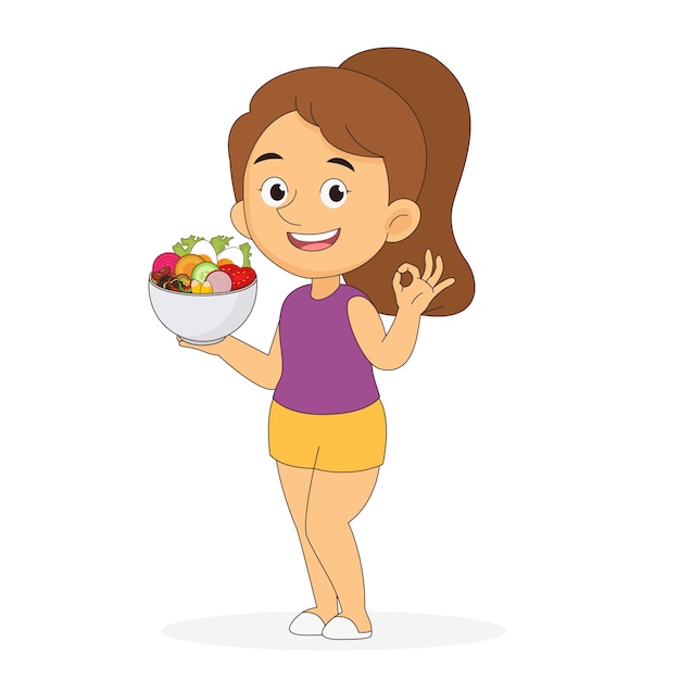 Vector woman eat salad. fresh healthy vegetable dinner.