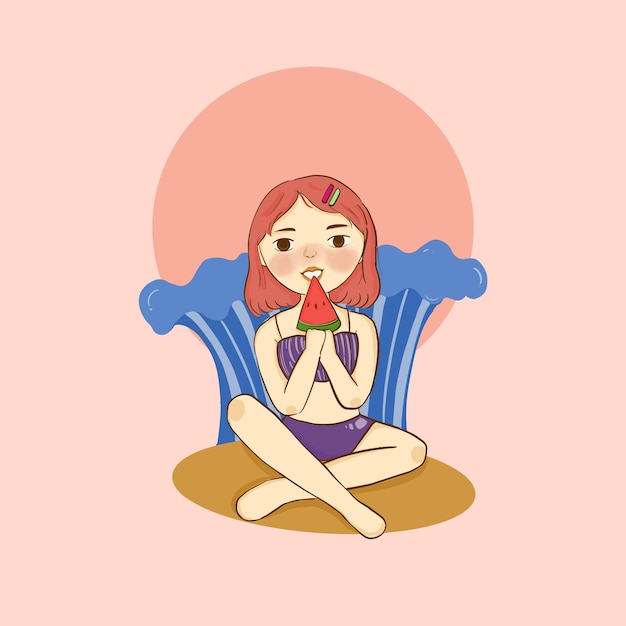 Woman eat watermelon on beach in summer cartoon girl character