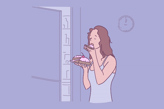 Женщина ест торт иллюстрации