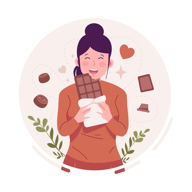 Woman eating chocolate flat illustration