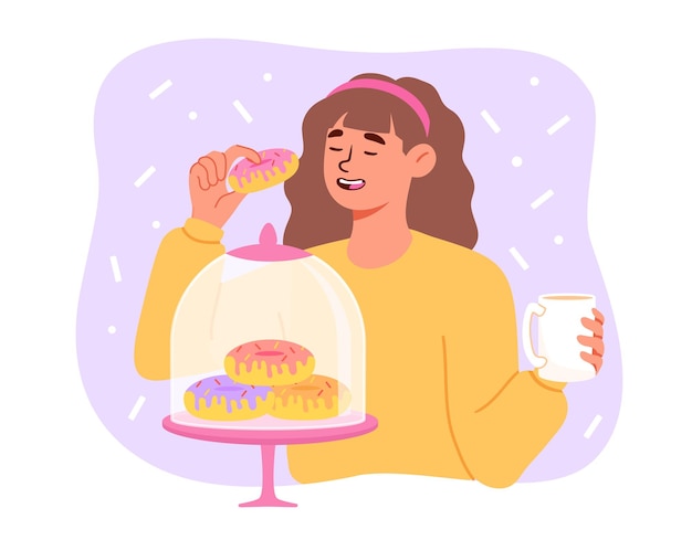 Vector woman eating donuts with tea concept