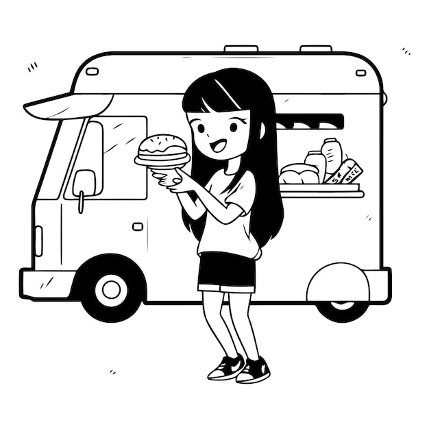 Vector woman eating a hamburger on camper van