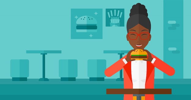 Vector woman eating hamburger.