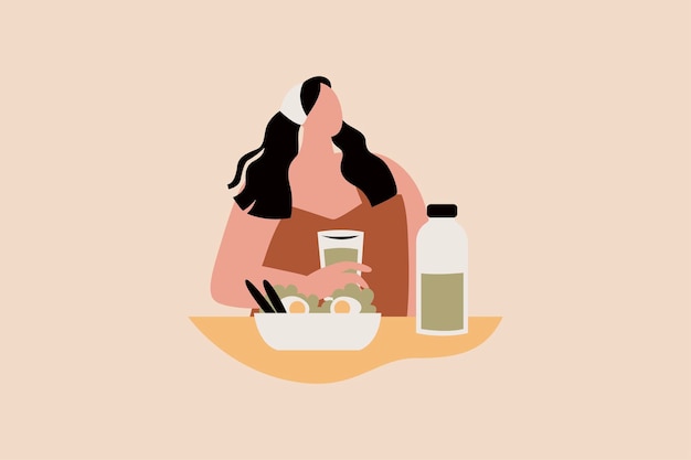 Woman Eating Healthy Food Vector Illustration