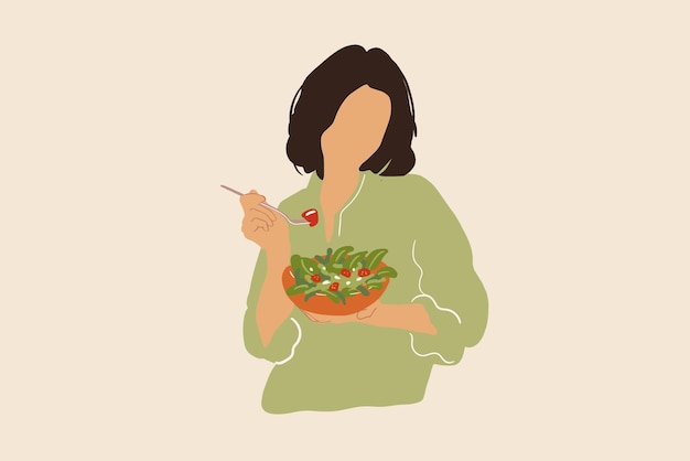 Vector woman eating healthy green salad with tomato health care and wellness concept vector illustration