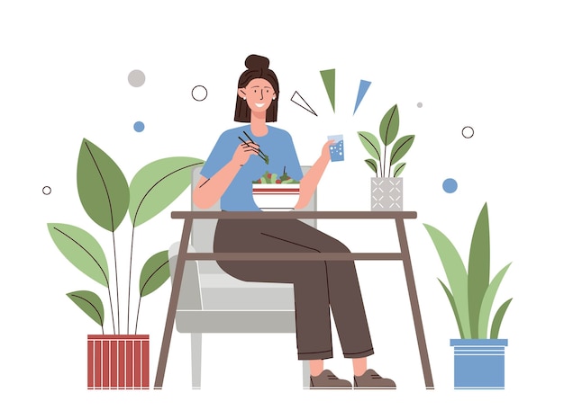 Vector woman eating at home