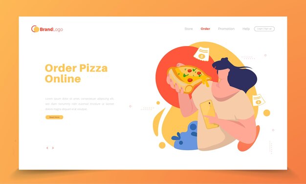 A woman eating pizza and giving review on landing page