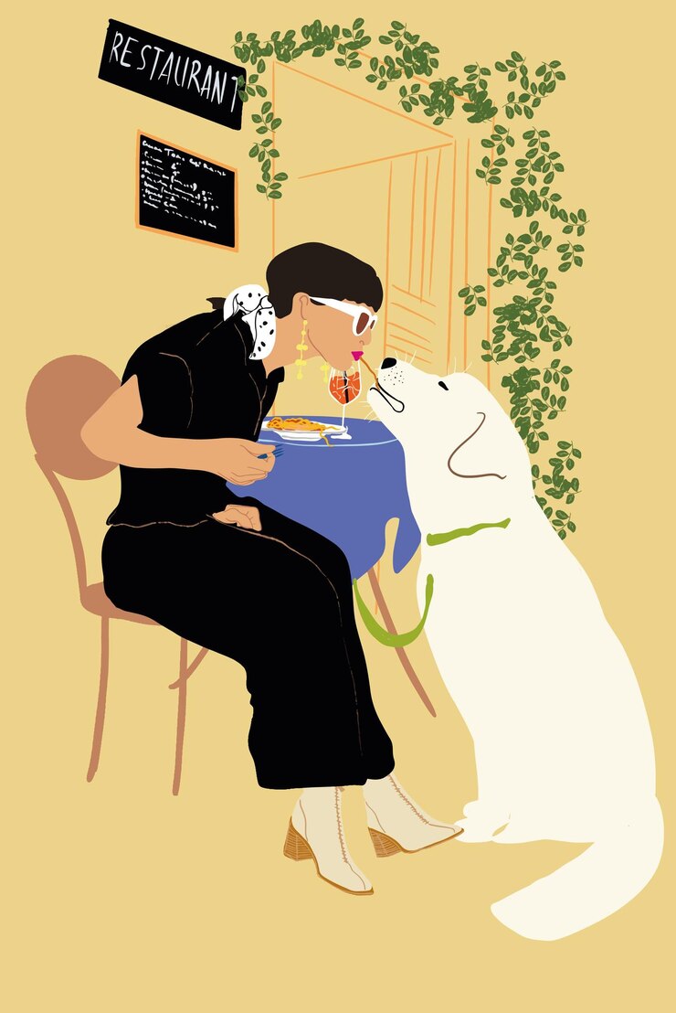 Woman eating spaghetti with her adorable dog at cafe terrace