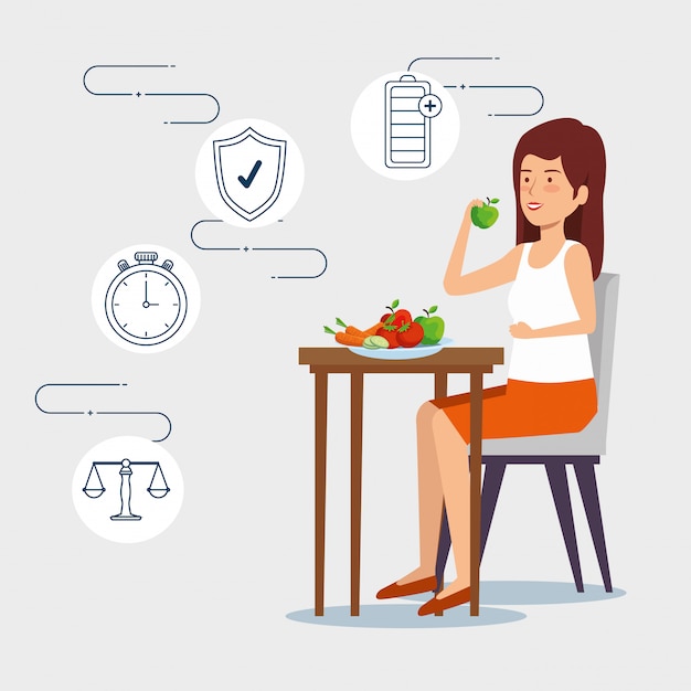 Vector woman eating vegetables and fruits to healthy lifestyle