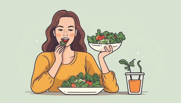 Vector a woman eating vegetables with a bottle of orange juice