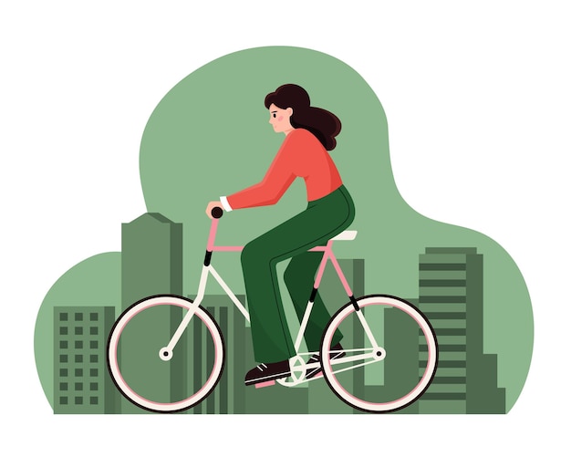 Woman on eco transport Young female ride bicycle in modern city Environmental and nature protection sport and activity concept Flat vector illustration