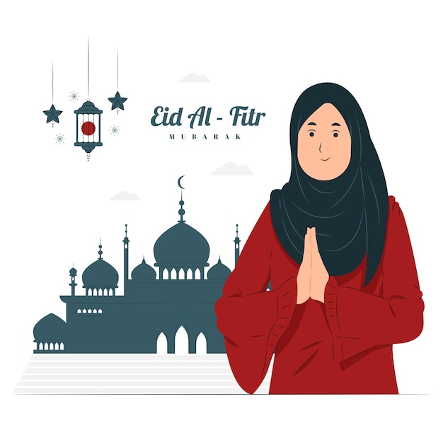 Vettore donna sull'illustrazione di concetto di eid al fitr mubarak