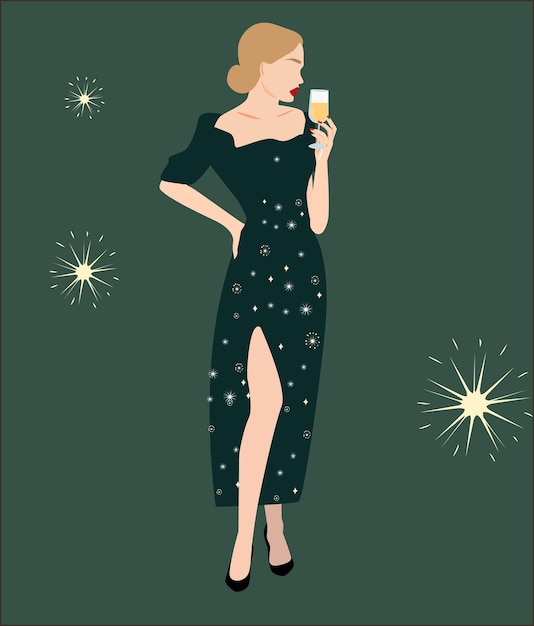 Vettore donna in un elegante abito da sera con un bicchiere di champagne e accessori moda.