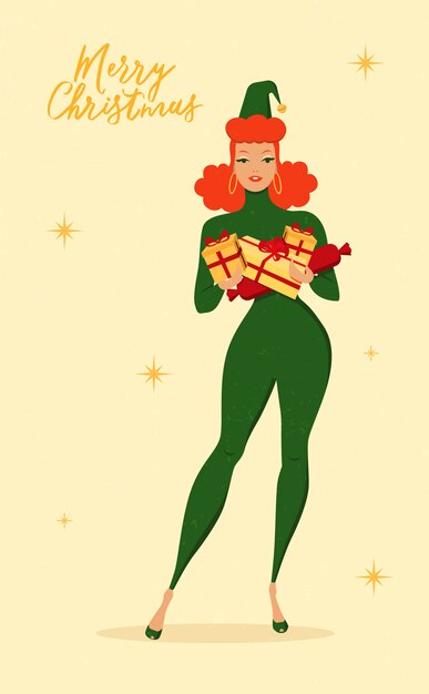 Женщина в костюме эльфа на праздник Рождества и Нового года с подарками в руках