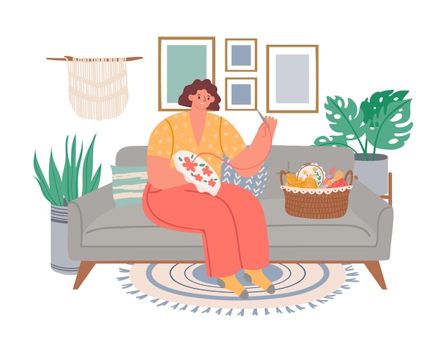 Vector woman embroidering relax at home people do hobby in home