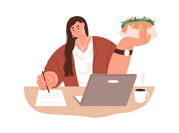 Impiegato donna che mangia panino al lavoro. impiegato che mangia, fa uno spuntino mentre lavora alla scrivania con il computer portatile. manager affamato e fast food. illustrazione vettoriale grafica piatta isolata su sfondo bianco