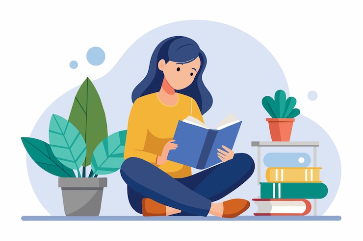 Vector woman engaged in reading a book while seated on the floor in a simple and minimalist setting woman reading book online simple and minimalist flat vector illustration