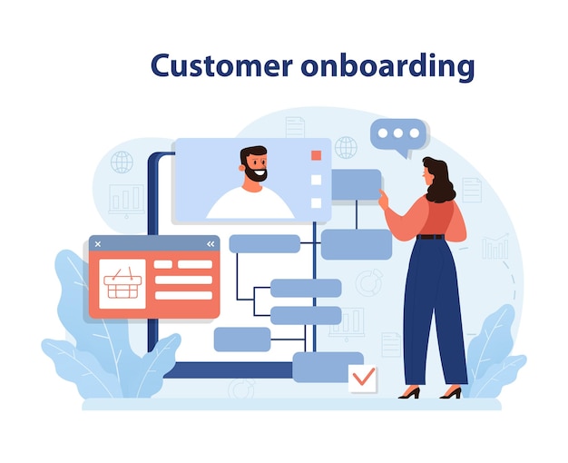 Vector woman engages in a digital customer onboarding process interfacing with mans profile and various