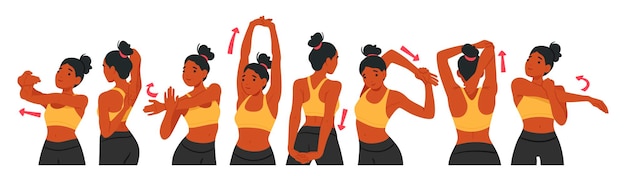 여성은 전반적인 상체 건강 만화 벡터 일러스트를 위해 이러한 영역의 유연성을 강화하고 향상시키기 위해 스트레칭 리프트 및 회전을 수행하는 어깨 및 손 운동에 참여합니다.