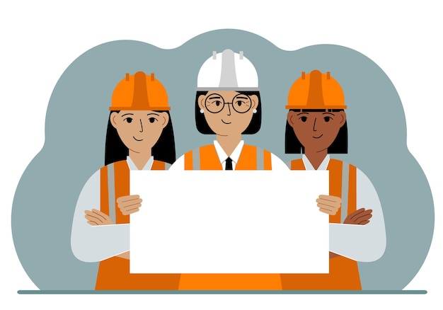 Vector woman engineer team and construction team holding a blank sheet of paper concept of builder engineer planner or designer