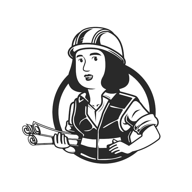 Woman engineer with roll paper logo character