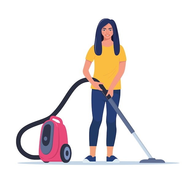 Woman enjoy cleaning house with vacuum cleaner smiling girl cleans the house