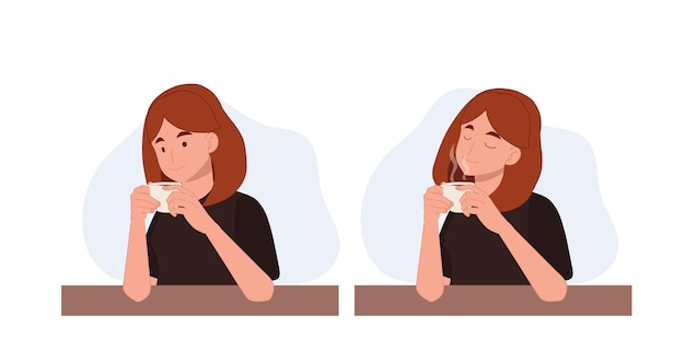 Женщина наслаждается напитками милая женщина держит чашку кофе в руках и пахнет ароматом кофе векторная иллюстрация