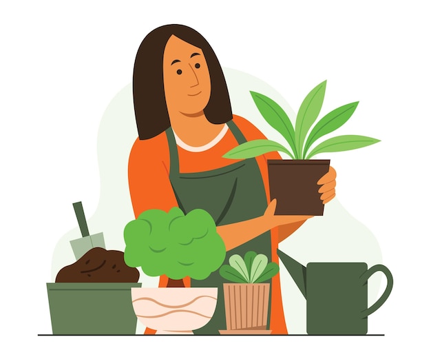 Vector woman enjoy gardening activity with the plants in the garden