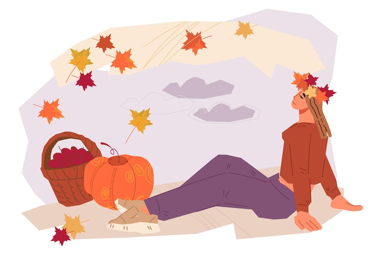 Vector woman enjoying autumn weather and harvest of seasonal fruits and vegetables vector illustration isolated on white background autumn season composition