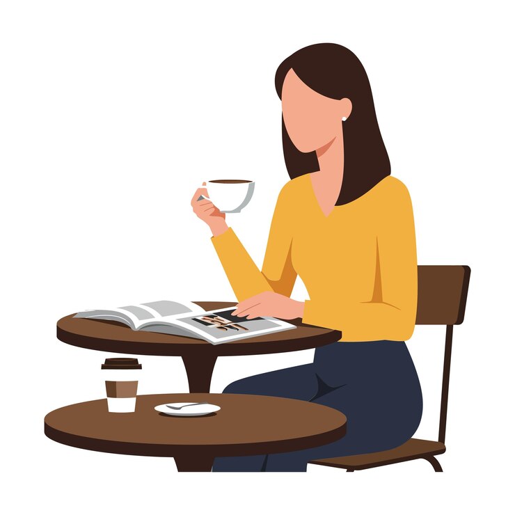 Vector woman enjoying coffee while reading magazine at a cozy cafe table
