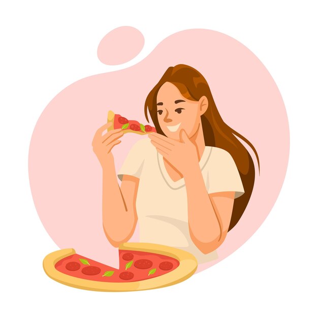 Vettore una donna che si gode una fetta di pizza illustrazione vettoriale su uno sfondo rosa concetto di divertimento alimentare illustrazione vettoriale