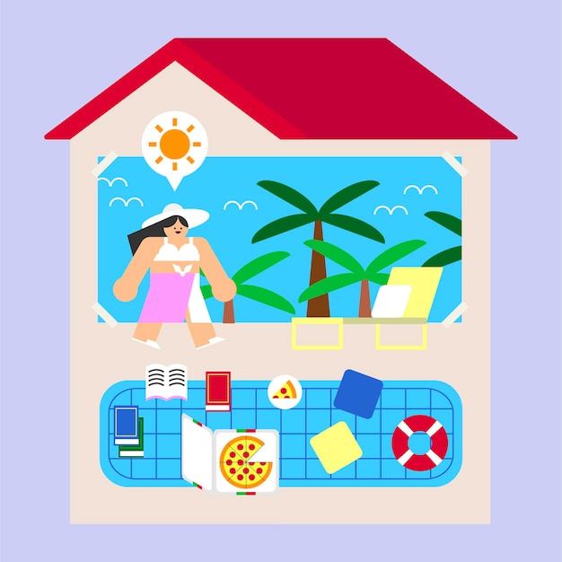 Woman enjoying staycation with summer beach vibe illustration