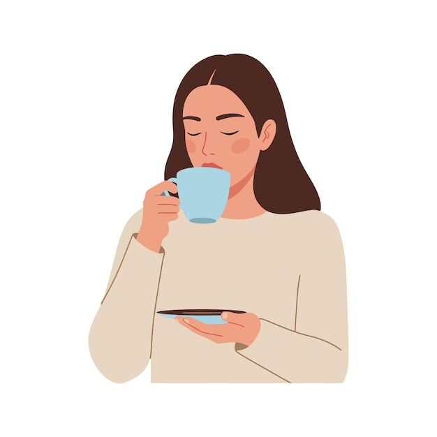 平らな最小ベクトルイラストで温かい飲み物を楽しんでいる女性