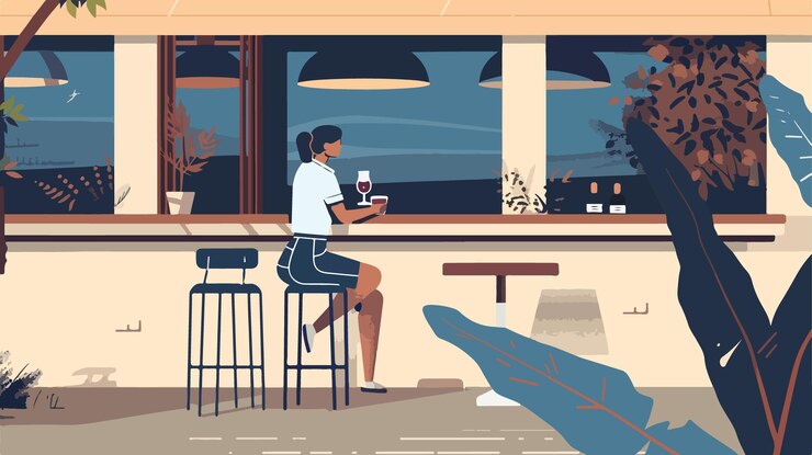Vector woman enjoying wine at an outdoor bar